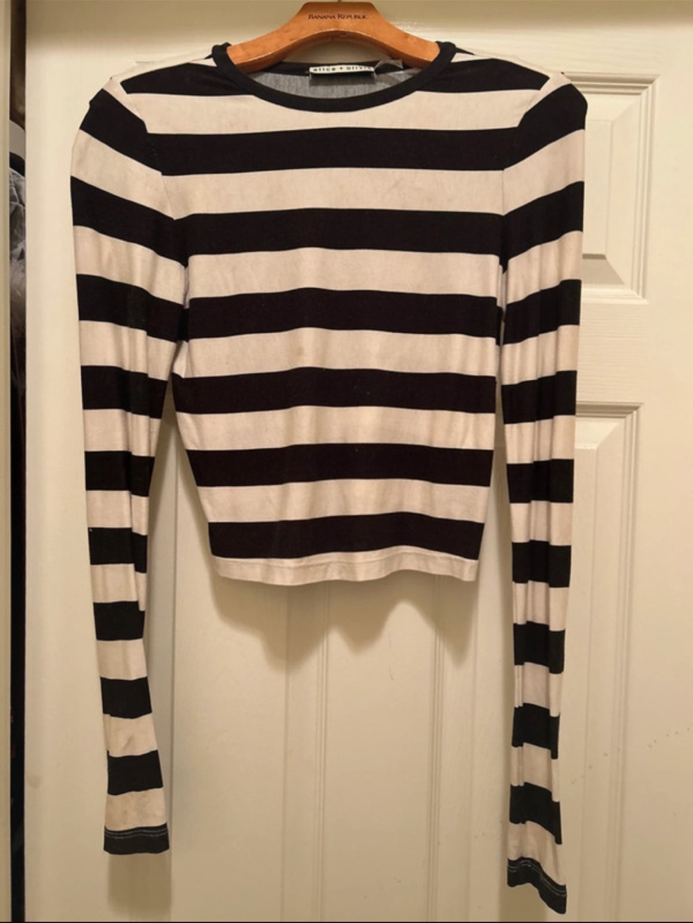 Alice + Olivia Black and White Striped Long Sleeve Crop Top
